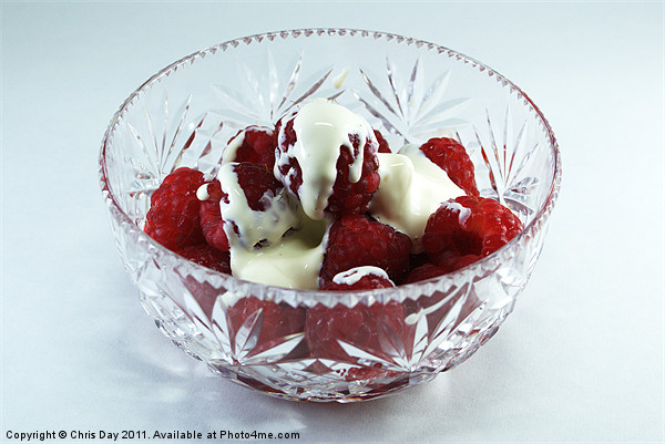 Bowl of Raspberries and cream Picture Board by Chris Day