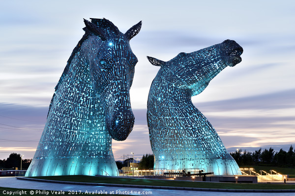 Kelpies at Sunset in Blue. Picture Board by Philip Veale