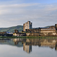 Buy canvas prints of Caerphilly Castle Tranquil Dawn Reflection. by Philip Veale