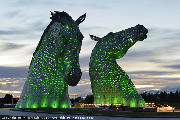 Kelpies at Sunset in Green. Picture Board by Philip Veale
