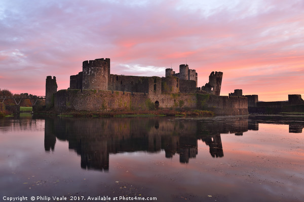 Caerphilly Castle Sunrise Reflection. Picture Board by Philip Veale