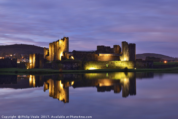 Caerphilly Castle Floodlit Reflection. Picture Board by Philip Veale