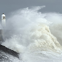 Buy canvas prints of Porthcawl Lighthouse as Storm Freya crashes ashore by Philip Veale
