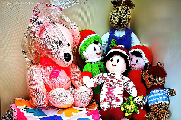 Children's nursery wall art - Colourful knitted soft toys Picture Board by Geoff Childs