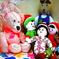 Buy canvas prints of Children's nursery wall art - Colourful knitted soft toys by Geoff Childs