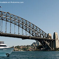 Buy canvas prints of  Motor yacht passing under Sydney Harbour Bridge,  by Geoff Childs