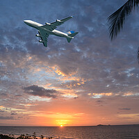 Buy canvas prints of Aircraft flying in tropical dawn sky. Thailand. by Geoff Childs