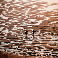 Buy canvas prints of Surfers with bodyboards on sunset by Angela Bragato