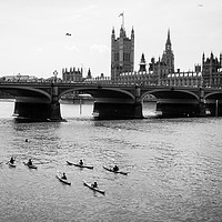 Buy canvas prints of Kayaks by Thames river at Westminster Bridge by Angela Bragato