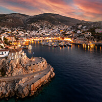 Buy canvas prints of Hydra harbour sunset. by Chris North