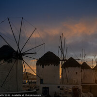 Buy canvas prints of Sunset over the Windmills of Mykonos. by Chris North