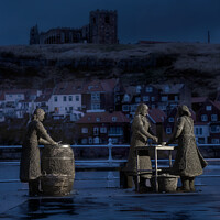 Buy canvas prints of The Whitby Herring girls statue at dusk. by Chris North