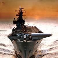 Buy canvas prints of Alpha Dawn,  HMS Ark Royal at sunrise. by Chris North