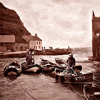 Buy canvas prints of Staithes Harbour and fishermen. by Chris North
