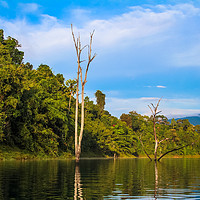 Buy canvas prints of Tropical lake landscape with blue sky background by  