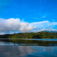 Buy canvas prints of Beautiful lake landscape with jungle covered mount by  