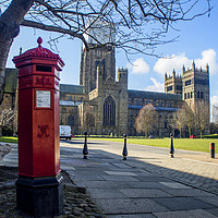 Buy canvas prints of Durham Cathedral's Red Pillar Box  by Antony Atkinson