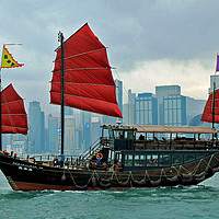Buy canvas prints of Hong Kong Harbour, Junk Boat by Janet Mann