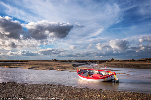 Red and White Boat Burnham Overy Staithe  Picture Board by Jim Key