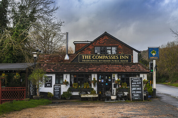 The Compass Inn Traditional English Riverside Pub Picture Board by Dave Williams