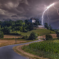 Buy canvas prints of Chateau de Roquefere Lightning Strikes by Dave Williams