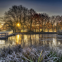 Buy canvas prints of Winter Sunrise at Yateley Green Pond by Dave Williams