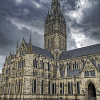 Buy canvas prints of Walking Madonna and Salisbury Cathedral by Dave Williams