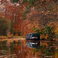Buy canvas prints of Autumnal Canal Barge Reflections by Dave Williams