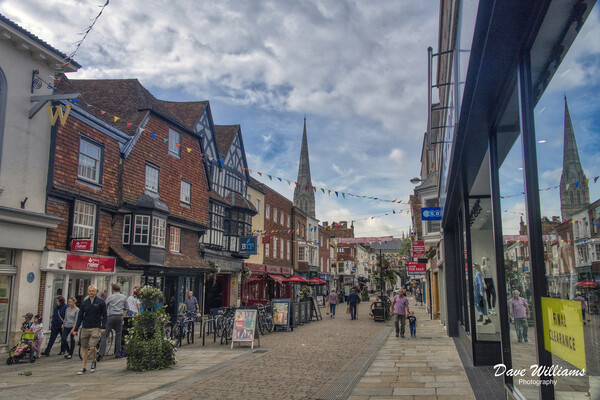 Salisbury High Street toward Salisbury Cathedral Picture Board by Dave Williams