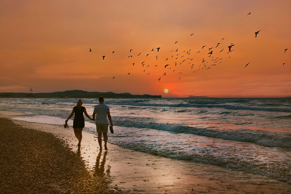 Lovers Stroll along the Beach at Sunset Picture Board by Dave Williams