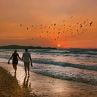 Buy canvas prints of Lovers Stroll along the Beach at Sunset by Dave Williams