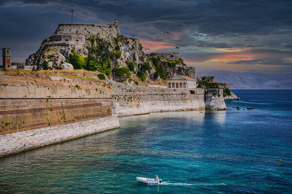 Small boat approaching the Old Fortress of Corfu Picture Board by Dave Williams