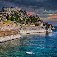 Buy canvas prints of Small boat approaching the Old Fortress of Corfu by Dave Williams