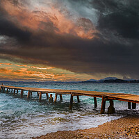 Buy canvas prints of The Old wooden Jetty at Ipsos beach in Corfu at Sunrise by Dave Williams