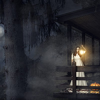 Buy canvas prints of Scary woman in white dress in a dark forest by Daniela Simona Temneanu