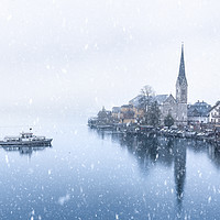 Buy canvas prints of Hallstatt town and a boat under snowfall by Daniela Simona Temneanu