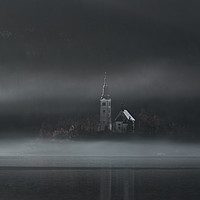 Buy canvas prints of Church on Bled Island in fog by Daniela Simona Temneanu