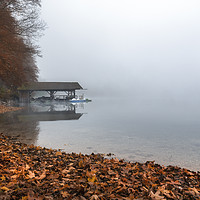 Buy canvas prints of Dock on lake in autumn fog by Daniela Simona Temneanu