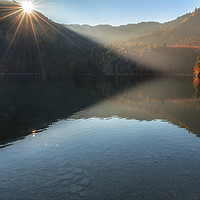 Buy canvas prints of Morning sunshine over lake and autumn forest by Daniela Simona Temneanu