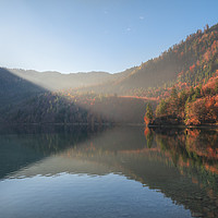 Buy canvas prints of Sunshine over autumn forest and lake reflection by Daniela Simona Temneanu