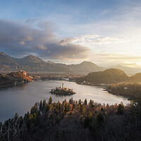 Buy canvas prints of Bled landscape with island, lake and Julian Alps at sunrise in Slovenia by Daniela Simona Temneanu