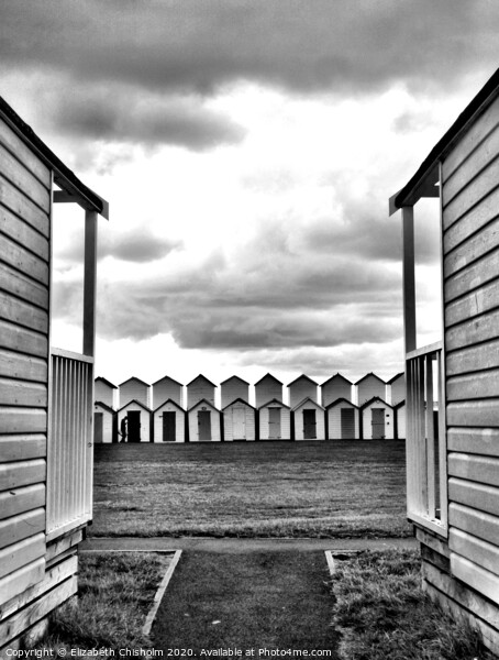 Beach huts at the end of the season - Black and Wh Picture Board by Elizabeth Chisholm