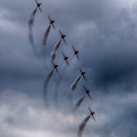 Buy canvas prints of Thrilling Red Arrows Display over Bournemouth by Derek Daniel