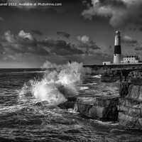 Buy canvas prints of Stormy seas at Portland Bill Lighthouse (mono) by Derek Daniel