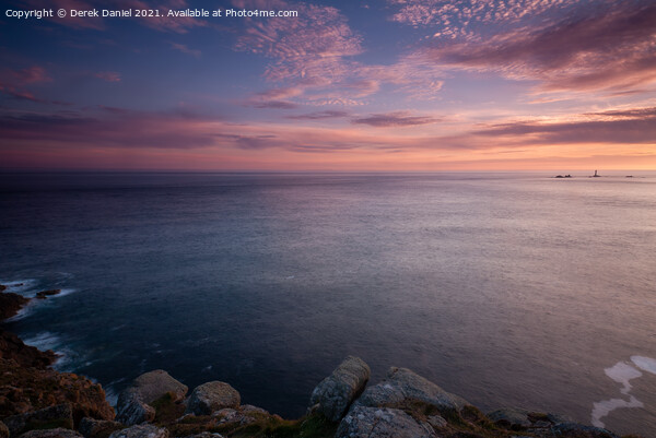 Longships Lighthouse, sunset, Lands End, Cornwall Picture Board by Derek Daniel
