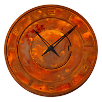 Buy canvas prints of Unusual industrial iron wall clock covered with solid rust, isolated on white background. by Sergii Petruk