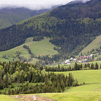 Buy canvas prints of Carpathians. Mountain landscape. Village in the valley among coniferous forests by Sergii Petruk