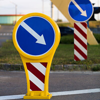 Buy canvas prints of bright yellow-blue road sign detour on the right by Sergii Petruk