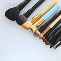 Buy canvas prints of set of various professional cosmetic makeup brushes on a light background close-up by Sergii Petruk
