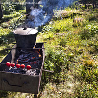 Buy canvas prints of In the old cauldron on the barbecue cooking porridge against a forest clearing at noon by Sergii Petruk